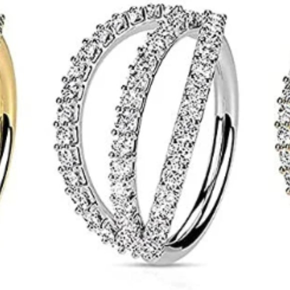 14K Gold Plated Triple Lined Nose Ring Nose Hoop Nose Piercing Micro Set CZ - Picture 2 of 5